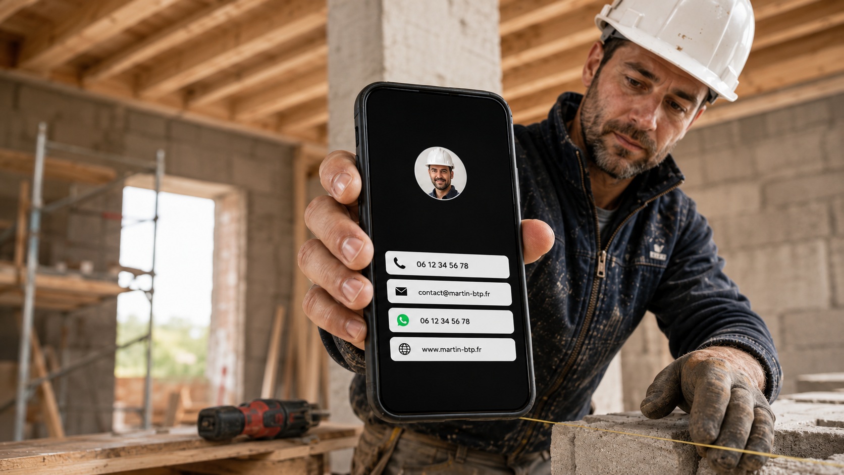 Artisan du bâtiment présentant sa carte de visite digitale Wisikard sur son téléphone