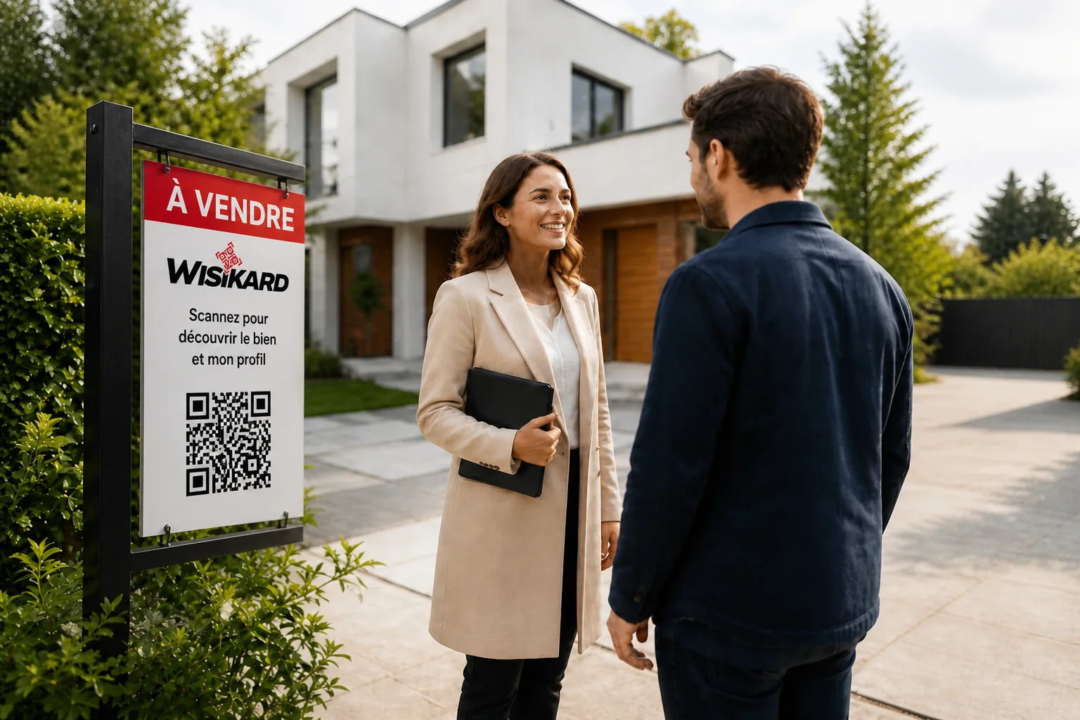 Panneau À vendre avec QR Code Wisikard pendant la visite d’un bien immobilier