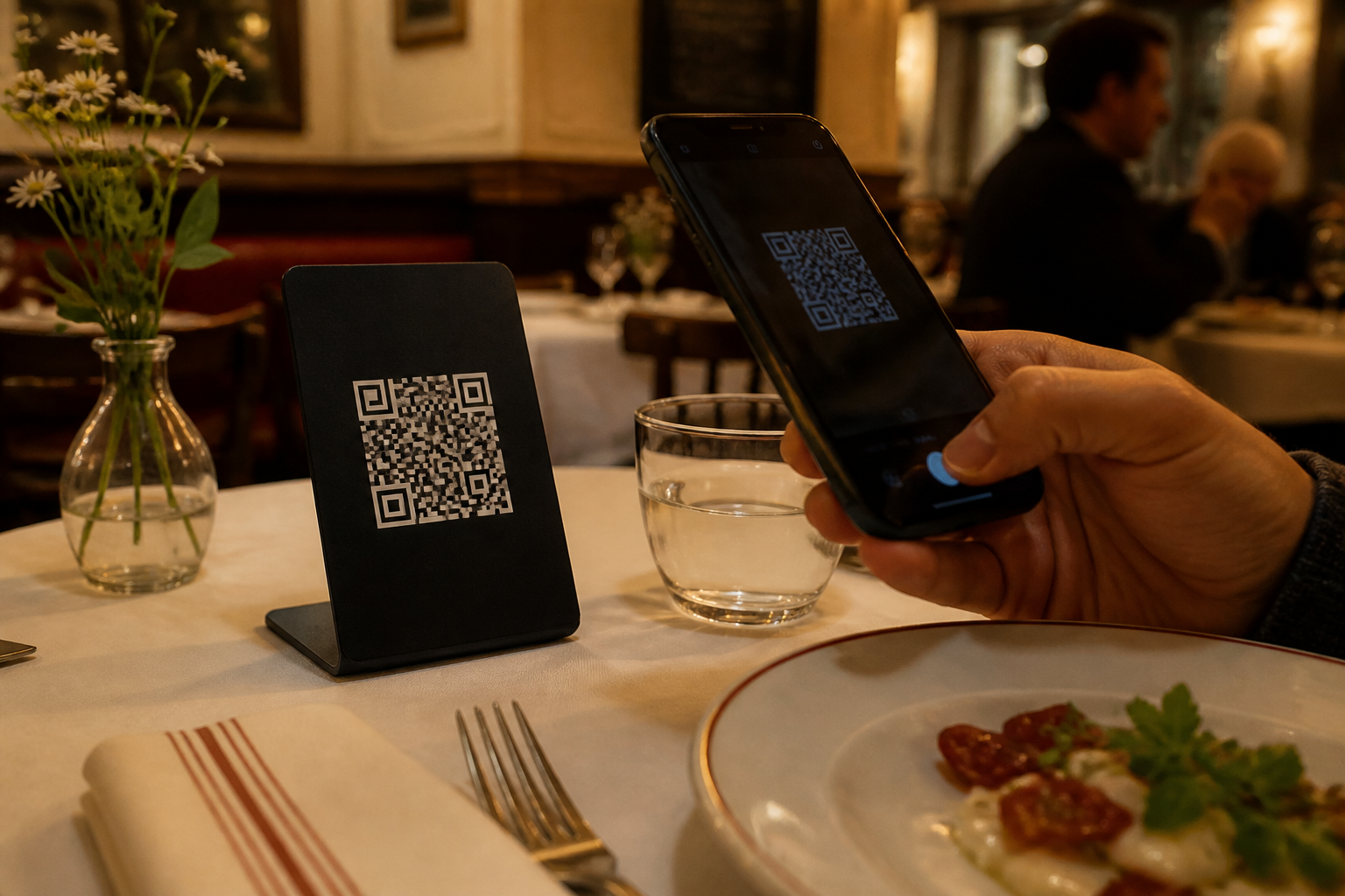 Client scannant un support QR Code posé sur la table d’un restaurant
